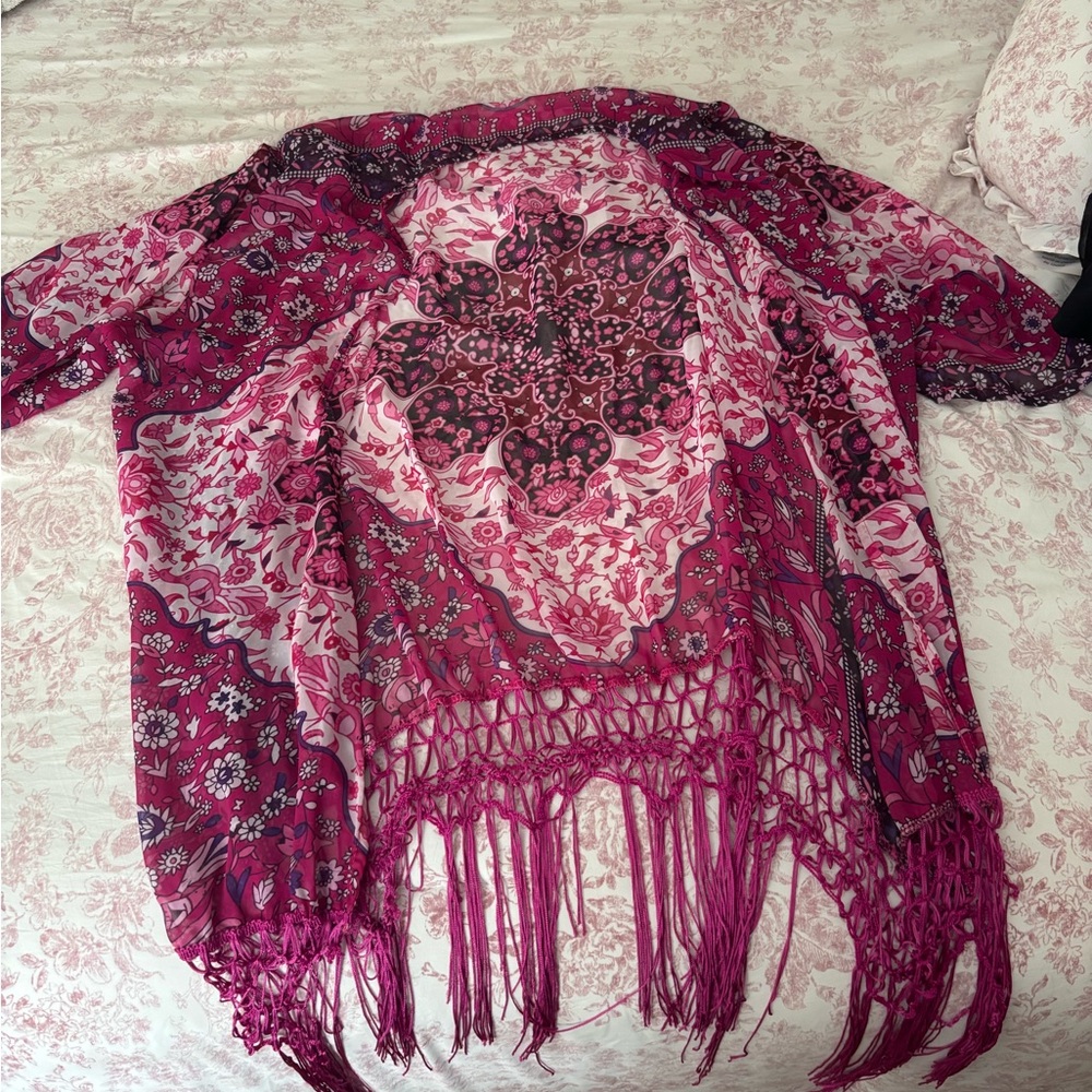 Floral Pink and Purple Women's Fringe Cardigan